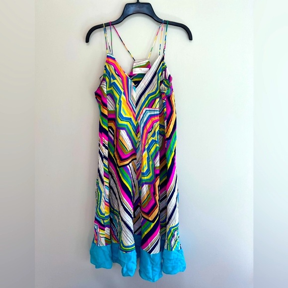Amanda Uprichard Geometric Rainbow Striped Silk Midi Dress, L - Picture 1 of 8